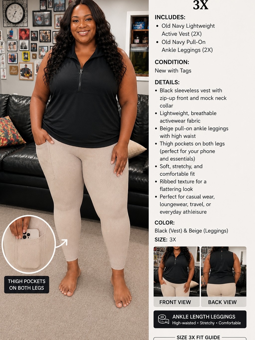 Old Navy Black Active Vest & Beige Ribbed Ankle Leggings Set